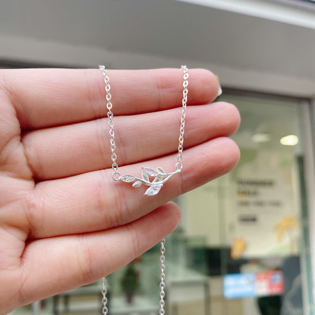 Dây Chuyền Bạc Ta Cao Cấp CaoBac Silver Hoạ Tiết Lá Lúa Đính Đá Lấp Lánh Nhẹ Nhàng, Thanh Lịch Dành Cho Bạn Gái