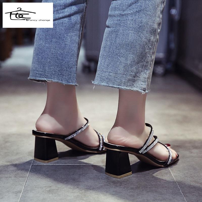 Dép Cao Gót Hở Ngón Mũi Vuông Đính Đá Thời Trang Mùa Hè Cho Nữ