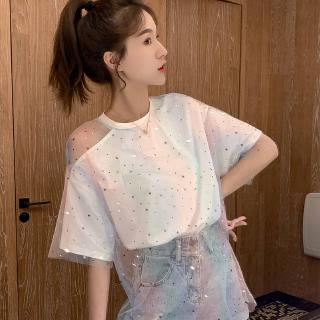 Áo Thun Tay Ngắn Phối Lưới Phong Cách Hàn Quốc Cho Nữ