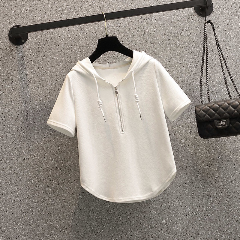 Áo Thun Cotton Tay Ngắn Có Nón Và Dây Kéo Size Lớn Thời Trang Cho Nữ