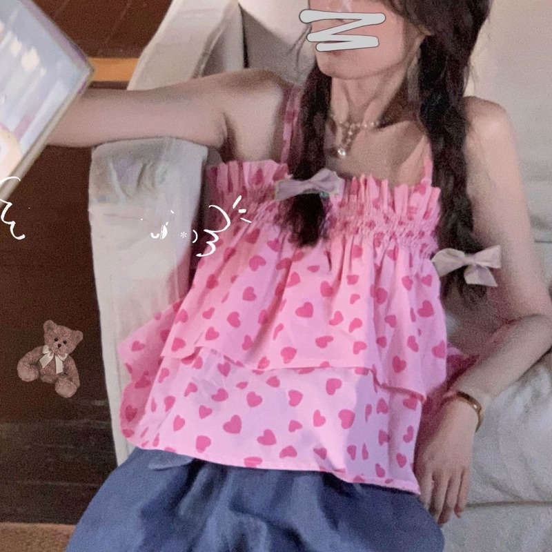 Áo hai dây xếp ly họa tiết trái tim màu hồng ngọt ngào thời trang mùa hè hàng mới cho nữ