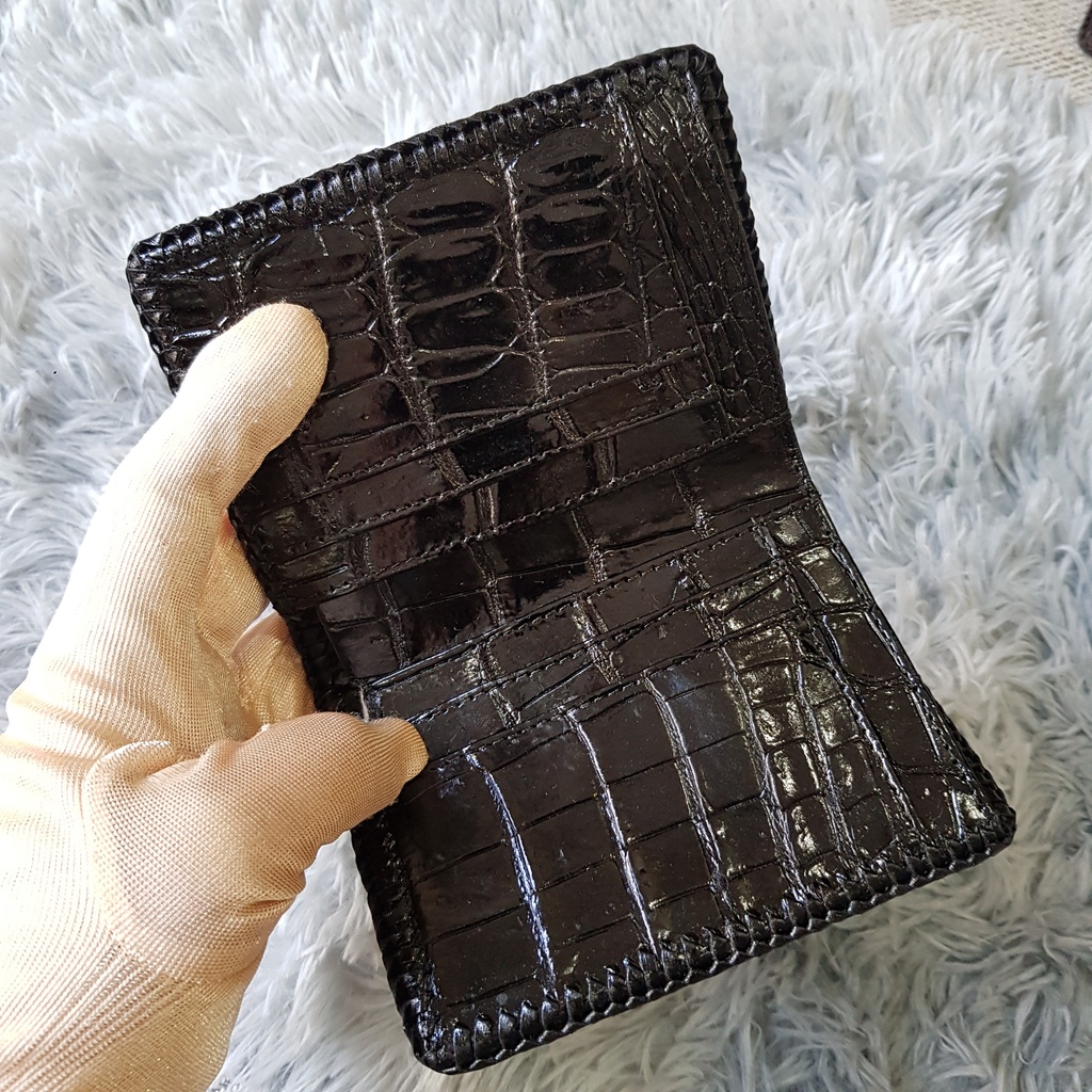 Ví Da Cá Sấu Thủ Công, Gù To | Ví Cá Sấu Đan Viền 2 Mặt |  Màu Nâu Và Đen | Dáng Đứng