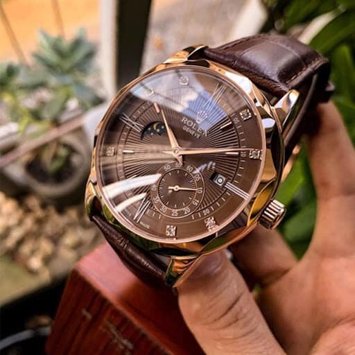 Đồng hồ cho Nam Rolex 6kim trăng sao size 40-41 vành trám cạnh màu cafe dây da vàng hồng