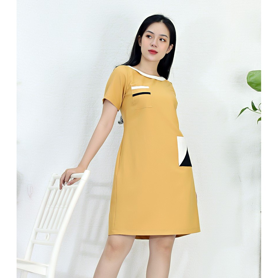 Đầm DÁNG SUÔNG MÀU VÀNG PHA TÚI CỰC KỲ DỄ THƯƠNG -  VẢI COTTON LẠNH cao cấp co dãn đứng phom, đường may siêu đẹp