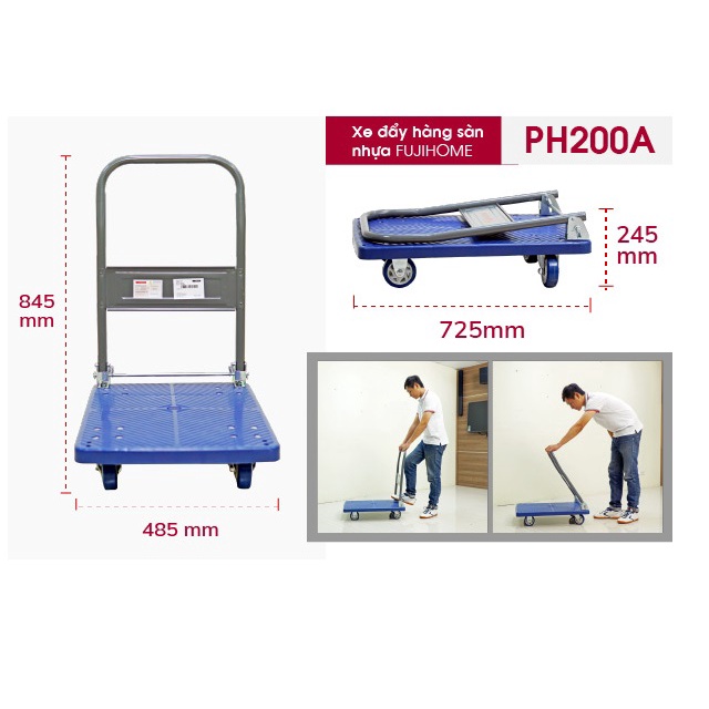 Xe đẩy hàng sàn nhựa Fujihome PH200A - Tải trọng 150kg - Bảo hành 12T