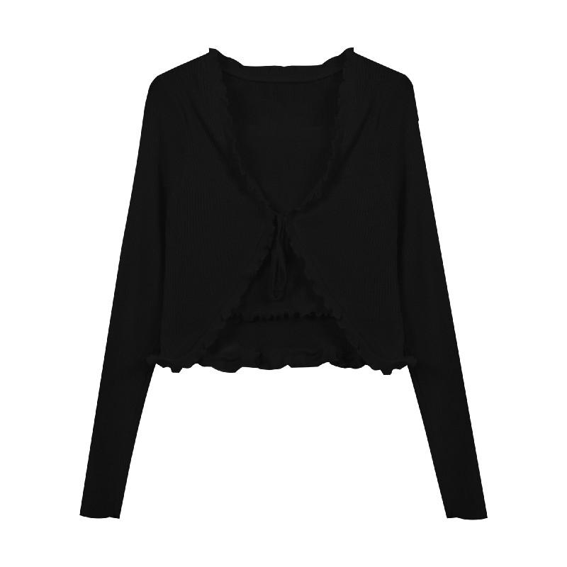 SET CARDIGAN TĂM MỎNG + ÁO QUÂY NỮ ĐEN TRẮNG - CROPTOP THIẾT KẾ DÂY VIỀN BÈO  - SET ÁO KHOÁC CROP CỘT BÈ | BigBuy360 - bigbuy360.vn