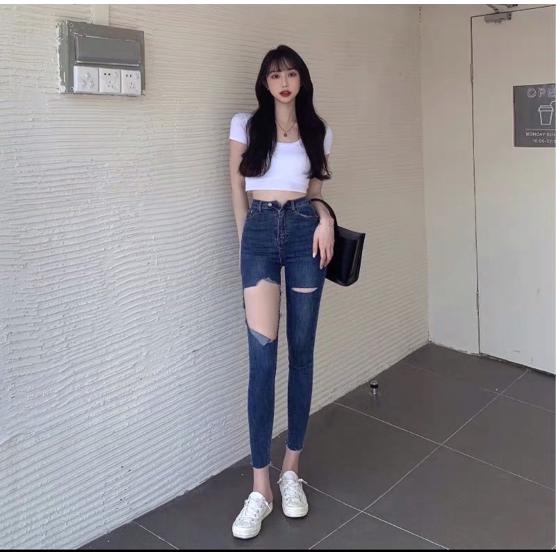 Quần jean dài ôn sát , quần lưng cao , rách đùi phá cách, phong cách quần bút chì