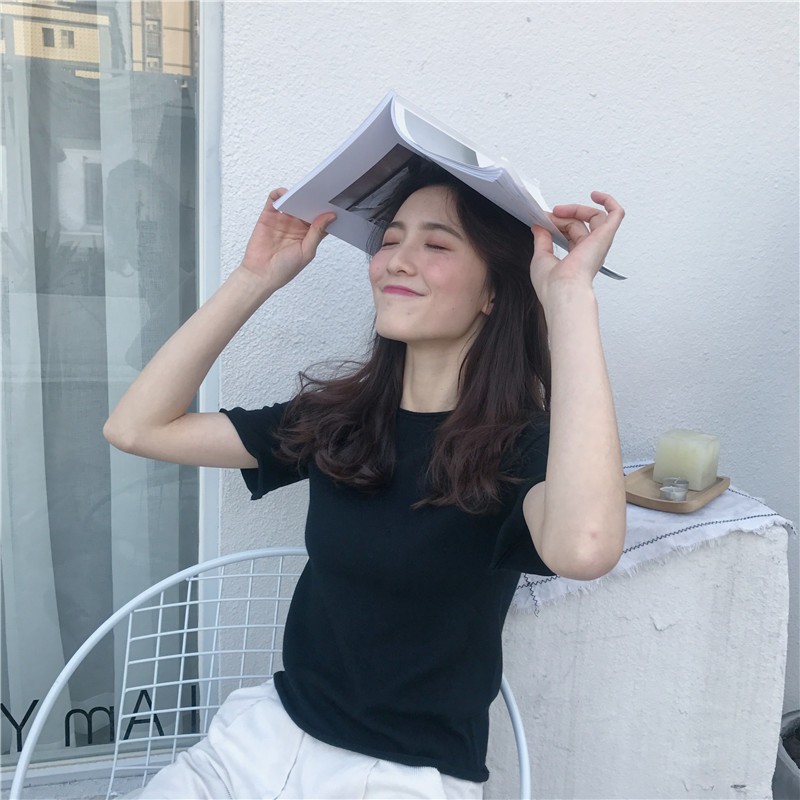 [Hàng có sẵn]Áo thun len nữ basic tay lỡ Ulzzang Quảng Châu ALK9