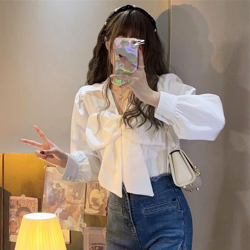 Áo Sơ Mi Tay Dài Cổ Chữ V Thắt Nơ Phong Cách Pháp Thời Trang 2022 Cho Nữ