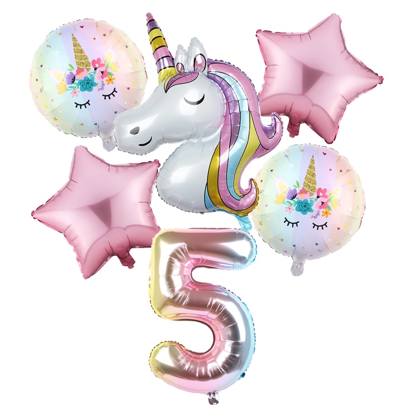 Set 6 Bong Bóng Hình Kỳ Lân 32 inch Màu Cầu Vồng Dùng Để Trang Trí Tiệc Sinh Nhật Bé