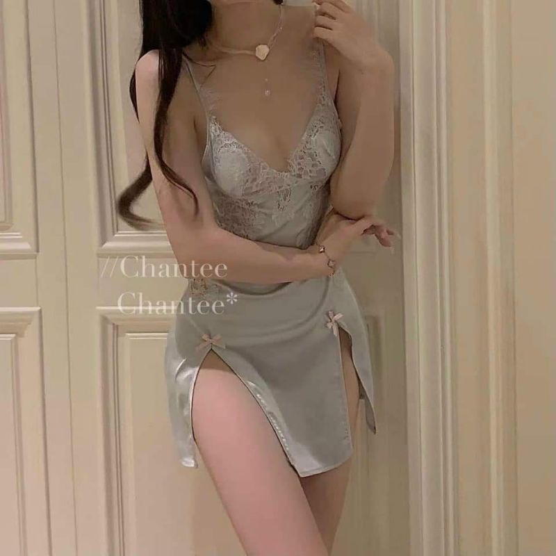 Váy ngủ sexy xẻ tà phối ren ngực kiểu dáng mới _ đầm mặc nhà ngủ nhà quyến rũ quảng châu cao cấp hàng sẵn