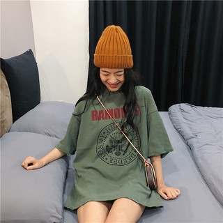 Áo thun nữ xanh lá đậm TREND form rộng tay lỡ RAMONES, áo thun tay lỡ unisex cổ tròn đẹp hàng Quảng Châu
