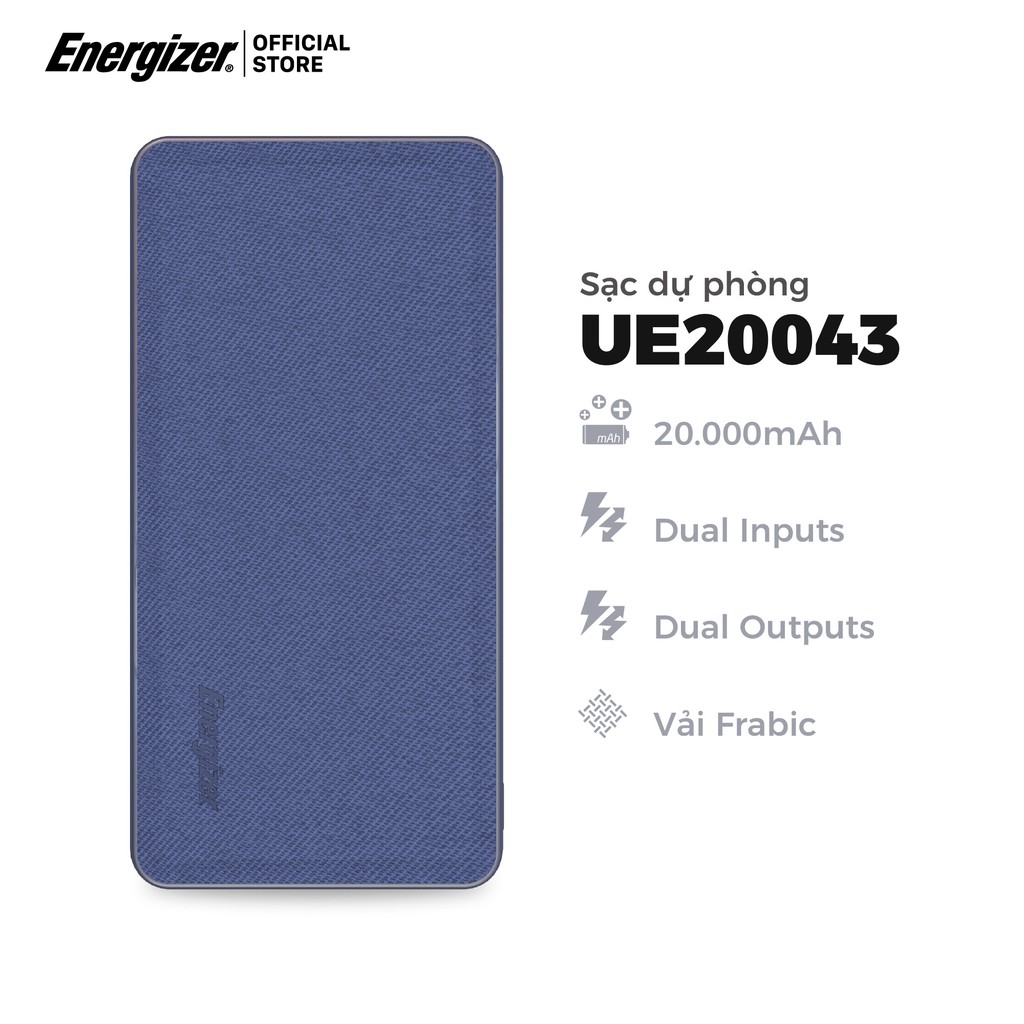 Sạc dự phòng Energizer 20000mAh UE20043 - Thiết kế Fabric sang trọng, tích hợp 2 cổng output tiện lợi - Hàng chính hãng