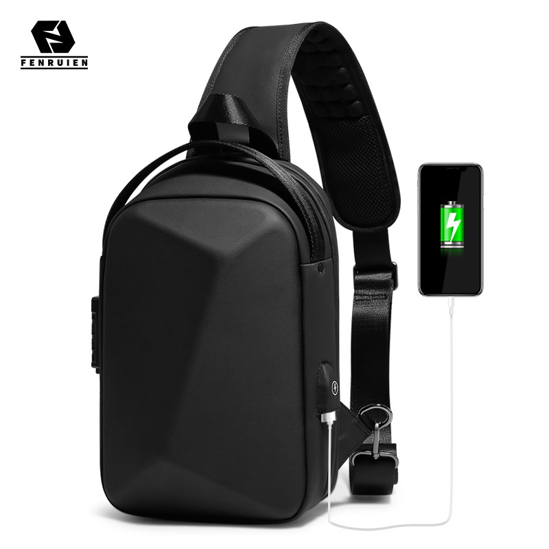 Fenruien Men New Trendy Crossbody Bag USB Charging Water Resistant Men's Shoulder Bag Short Trip Bag Fashion Daily Travel School Shoulder Bag