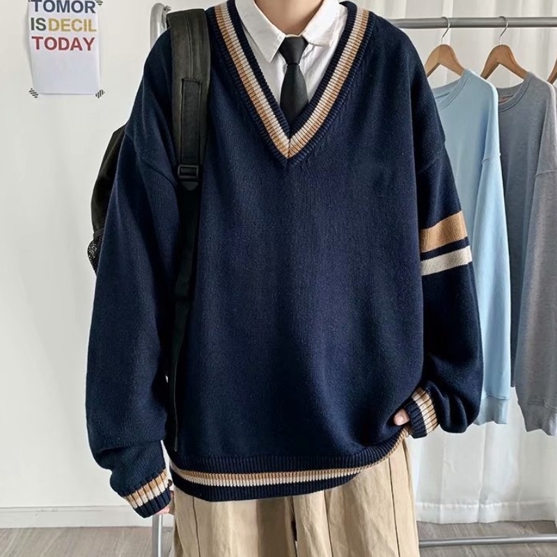 Áo Sweater Dệt Kim Tay Dài Dáng Rộng Cổ Chữ V Thiết Kế Đơn Giản Thời Trang Cho Nam