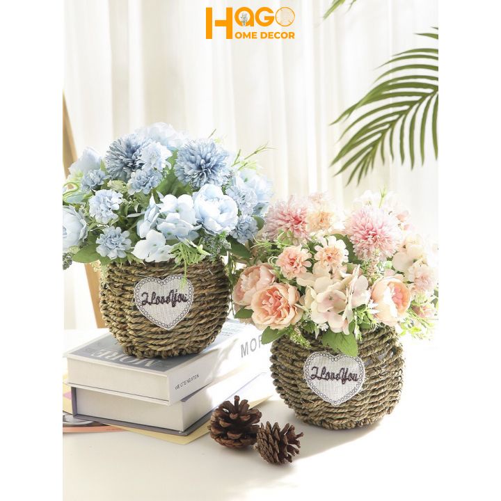 Hoa lụa, giỏ hoa mây đan cao cấp cắm sẵn nhiều mẫu phong cách Vintage