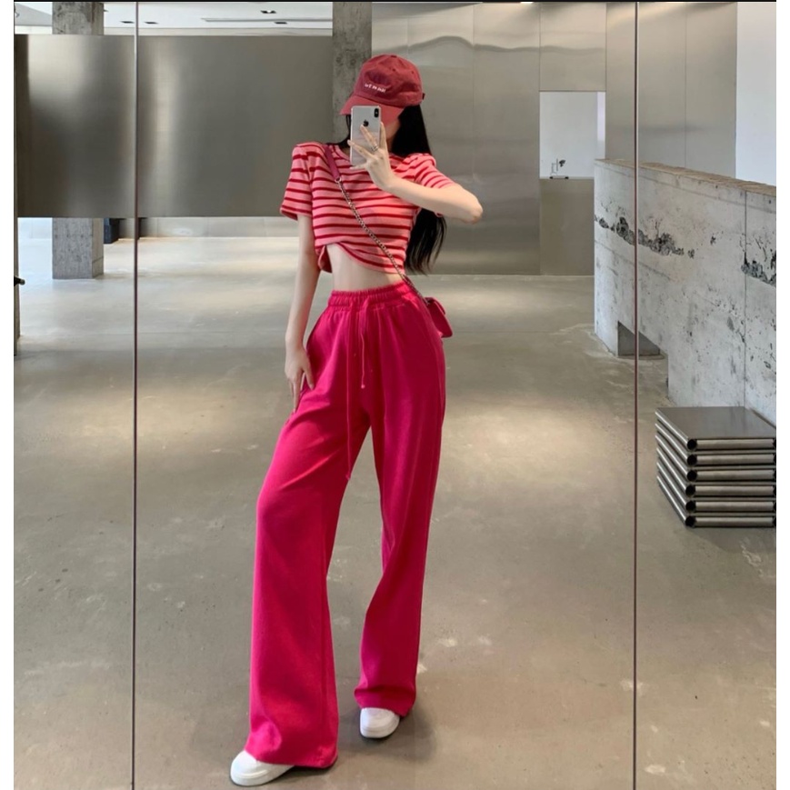 Set áo thun tay ngắn kẻ sọc phối quần dài thời trang mùa hè năng động (có bán lẻ)