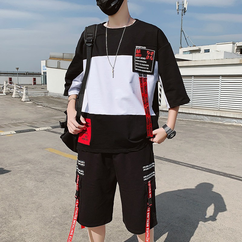 Bộ Quần Áo Thun Nam Cổ Tròn Tay Ngắn Phối Hai Màu Quần Phối Dây Chữ Cá Tính Thời Trang SET NAM 9000039CC | BigBuy360 - bigbuy360.vn