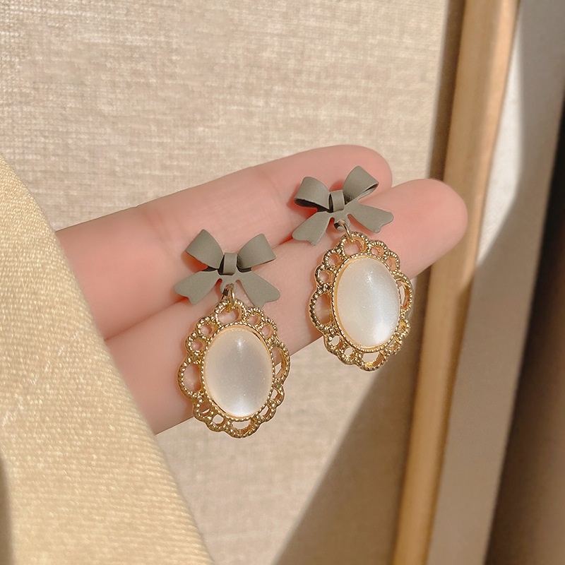 Bông Tai Đính Đá Opal Hình Nơ Phong Cách Hàn Quốc Mới 2021