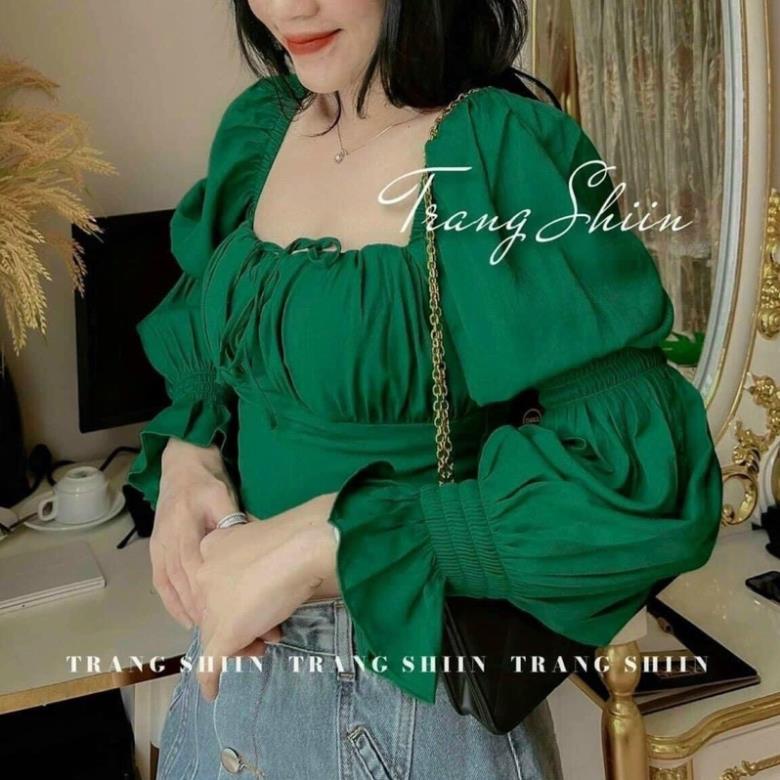 [NEW] Áo Sơ Mi Đũi Croptop , Áo Kiểu Dáng Ngắn Cách Điệu Màu Xanh Lá Hottrend 2022
