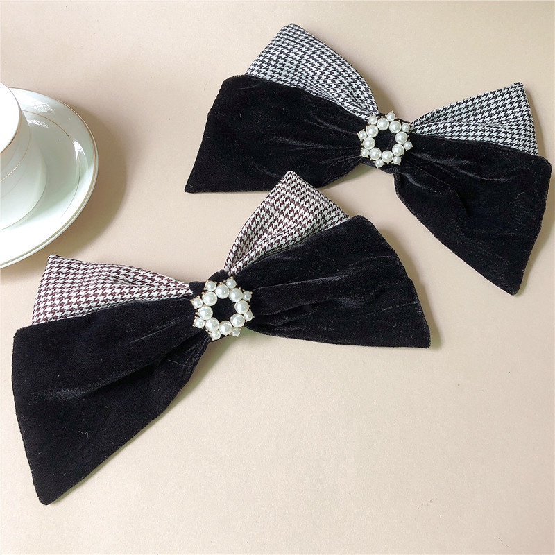 Kẹp Tóc Nơ Vải Nhung Đính Ngọc Trai Phong Cách Vintage