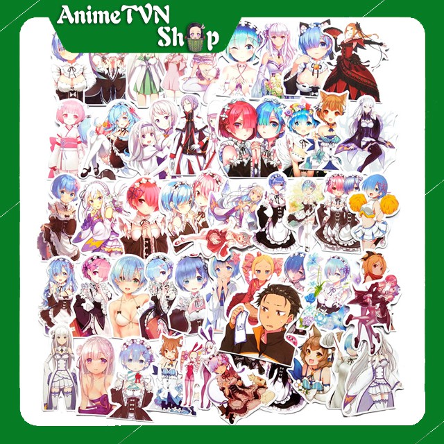 Miếng dán Sticker anime Re Zero kara Hajimeru Isekai Seikatsu trọn bộ 50 hình - In rõ ràng sắc nét khó tróc