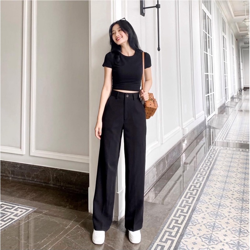 Quần ống rộng dài 100cm màu đen dáng dài - Quần culottes chất dày dặn phối áo đi học đi làm | BigBuy360 - bigbuy360.vn