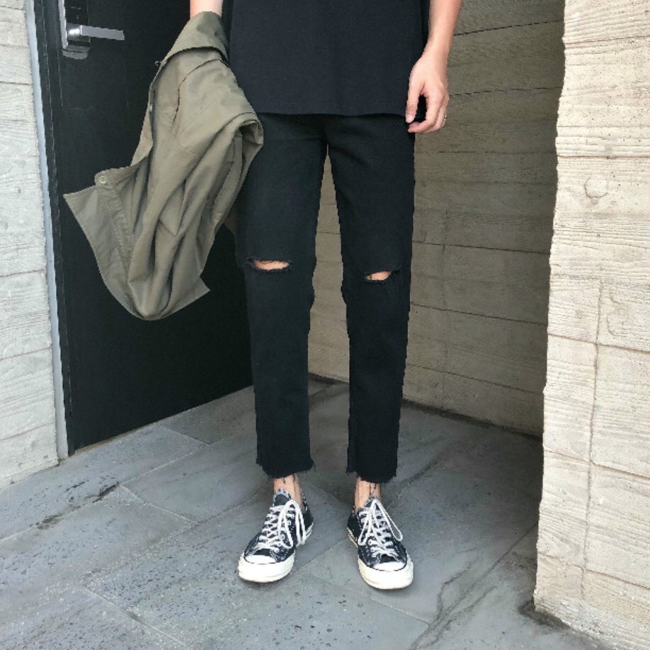 Quần Jean Baggy Nam Nữ Rách Gối Ống Rộng Đen Trơn Không Phai Màu Vải Co Giãn - B06