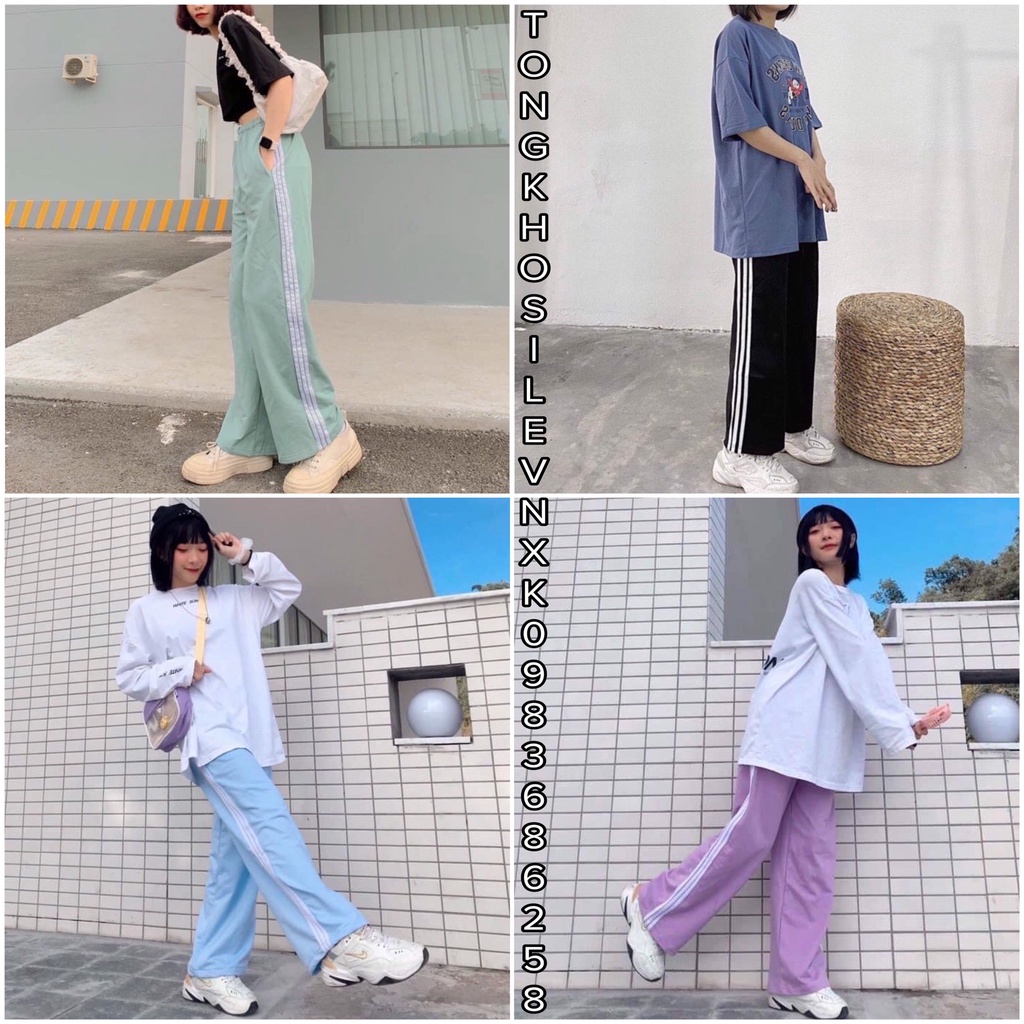 Quần Dài Nữ 3 Viền Sọc Ống Rộng Dáng Suông Ullzang Đen Tím Xanh Mint Xanh Dương - Cullote 4 Màu