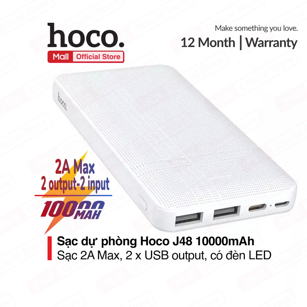 Pin sạc dự phòng Hoco J48 dung lượng 10000mAh lõi Polymer 2 cổng ra USB, sạc nhanh 2A Max, có đèn LED