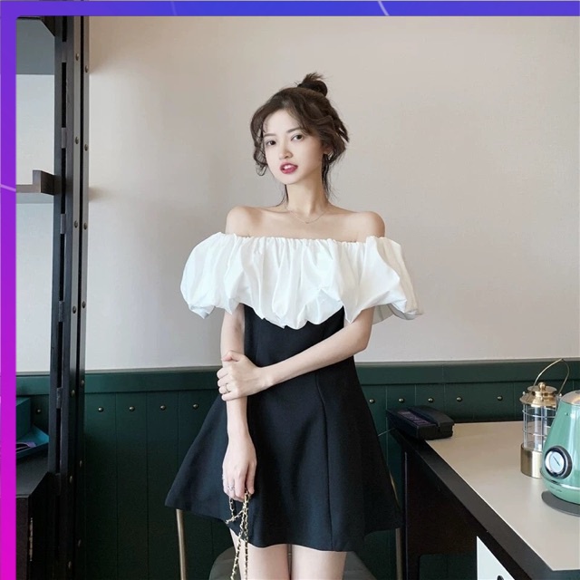 💃 Đầm Nữ Trễ Vai Phối Màu Váy Nữ Dáng Ngắn Chất Đũi Q052