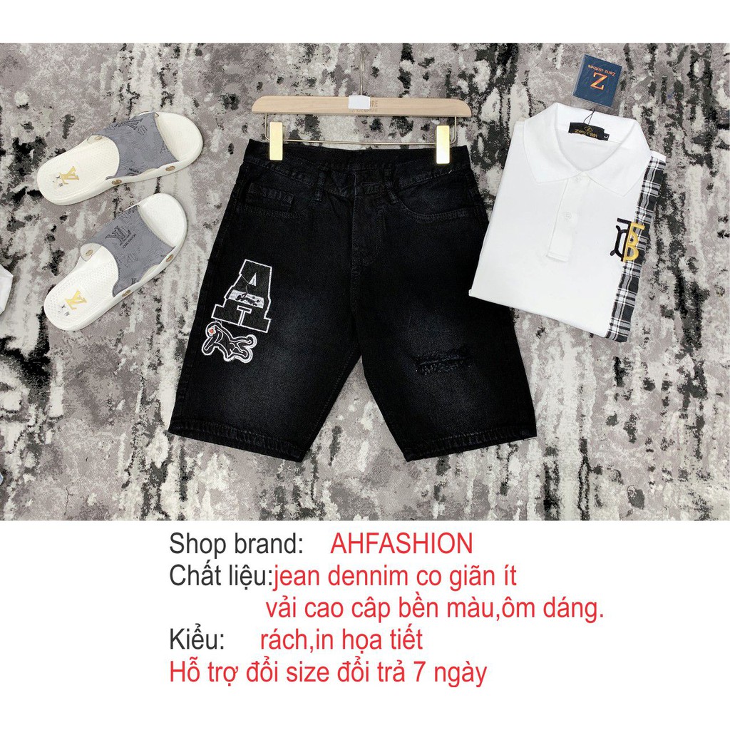 Quần short jean nam rách cao cấp chất bò in chữ 2 màu AHFASHION