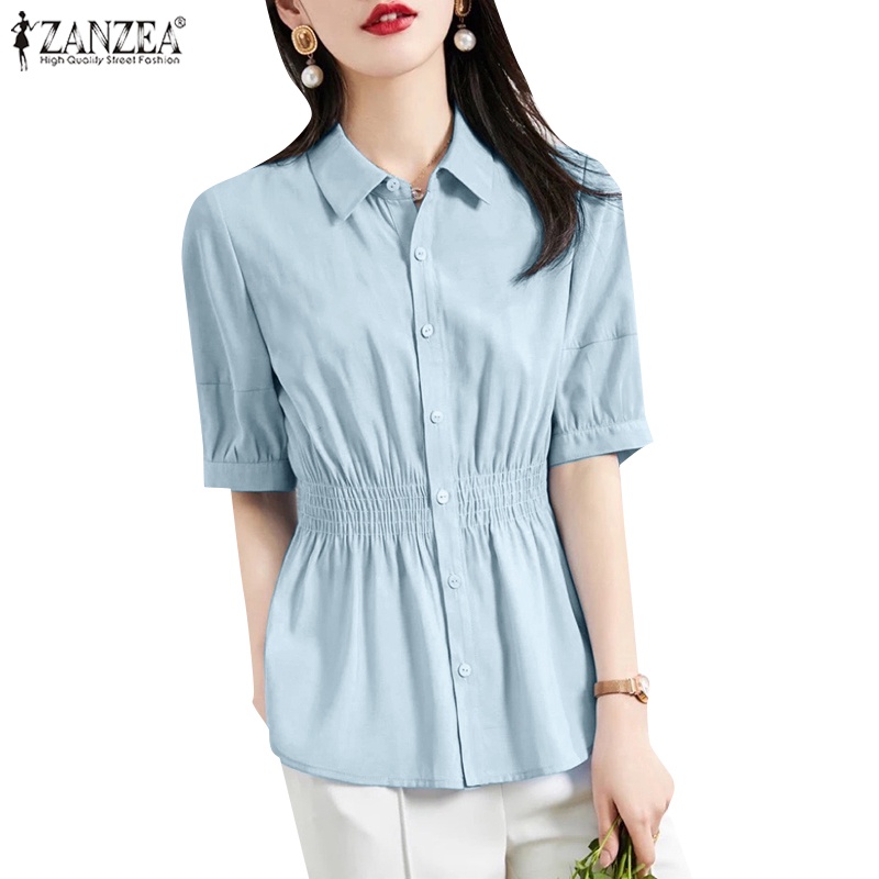ZANZEA Áo Sơ Mi Nữ Tay Ngắn Màu Trơn Cài Nút Thời Trang Phong Cách Hàn Quốc