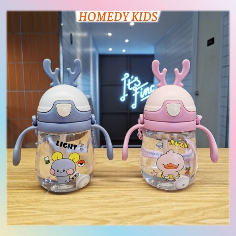 Bình nước cho bé 370ml chịu nhiệt có tay cầm và dây đeo tiện dụng an toàn bình tập uống đi học BN07 Homedy Kids