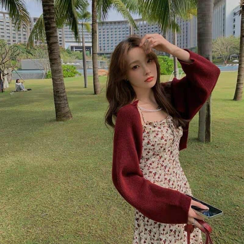 SET ĐẦM 2S HOA NUDE KÈM KHOÁC ĐỎ🖤