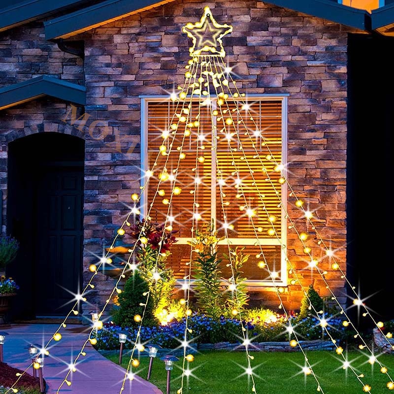 Đèn LED 9 dây thả rèm hình ngôi sao dùng năng lượng mặt trời trang trí DECOR sân vườn NOEL GIÁNG SINH TẾT MOXI.