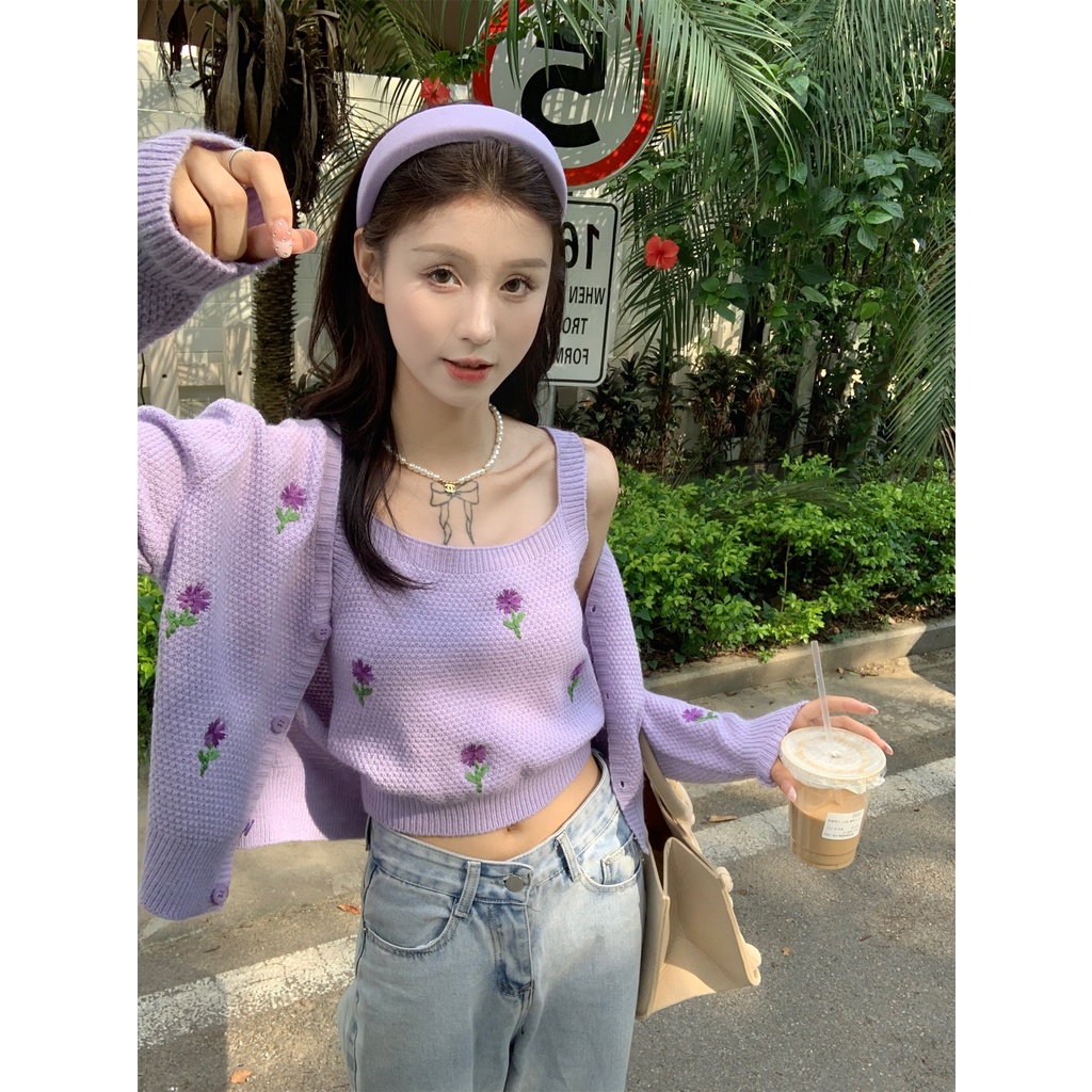 Bộ Áo Hai Dây Thêu Hoa + Áo Khoác Cardigan Dệt Kim Ngắn Thời Trang Hàn Quốc Cho Nữ