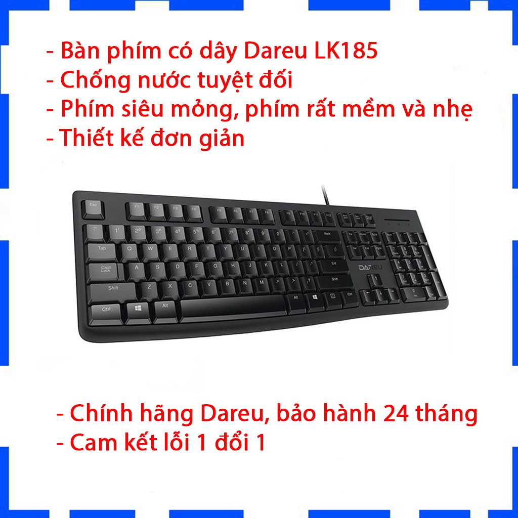 Bàn phím Dareu LK185 - Màu đen - Siêu mỏng - Chống nước tuyệt đối - BH 24 tháng