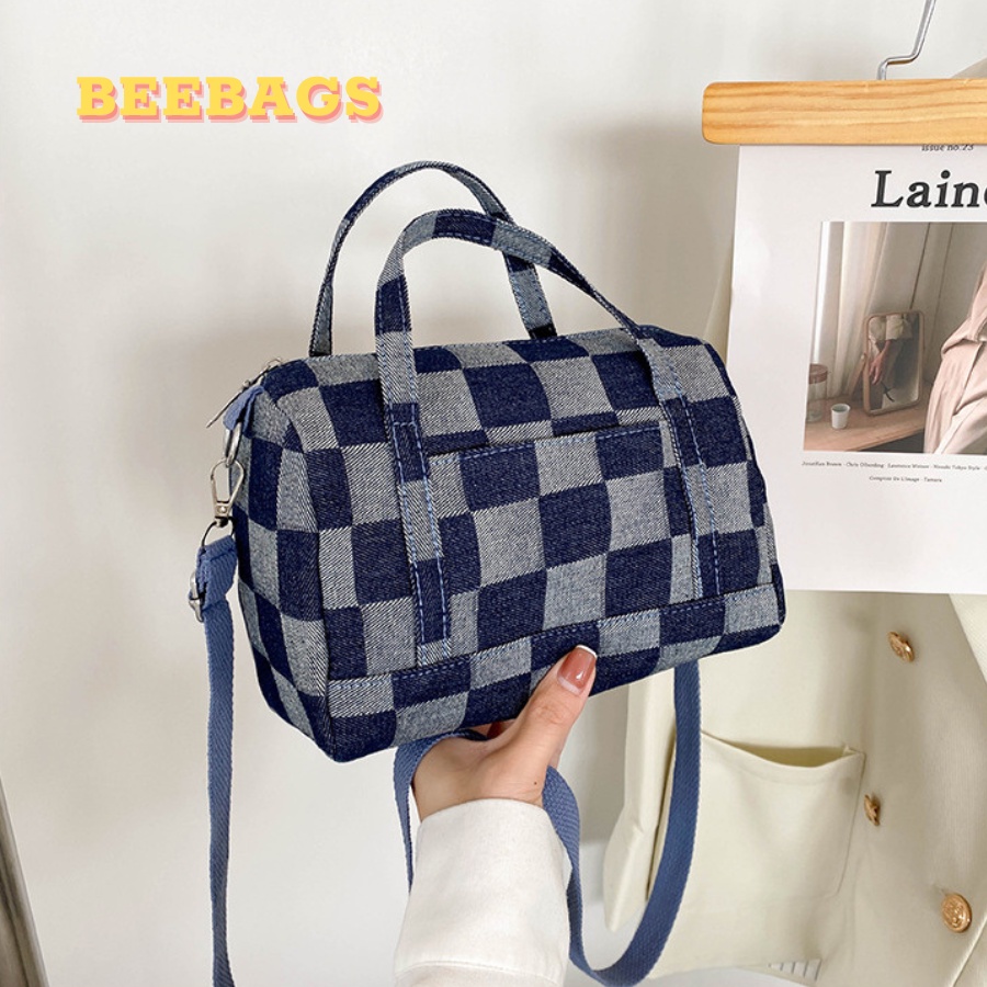 Túi Xách Jean Họa Tiết Caro Cầm Tay, Đeo Chéo Màu Đen, Xanh Đậm | TX45 | Túi Cầm Tay Vải Jean Năng Động Cá Tính Đi Chơi