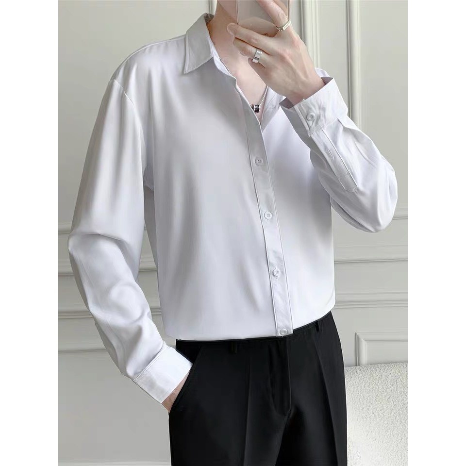 Áo sơ mi nam đẹp nhiều màu unisex trơn form rộng vừa vải lụa mịn mềm mại phong cách Hàn Quốc Hothit 2022