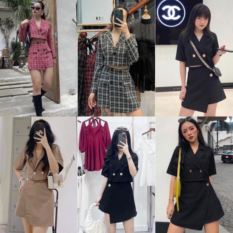 Set đồ váy - áo croptop WONERR SET áo có cài cúc mix với áo ống chân váy giả quần vạt chéo có co giãn màu đen