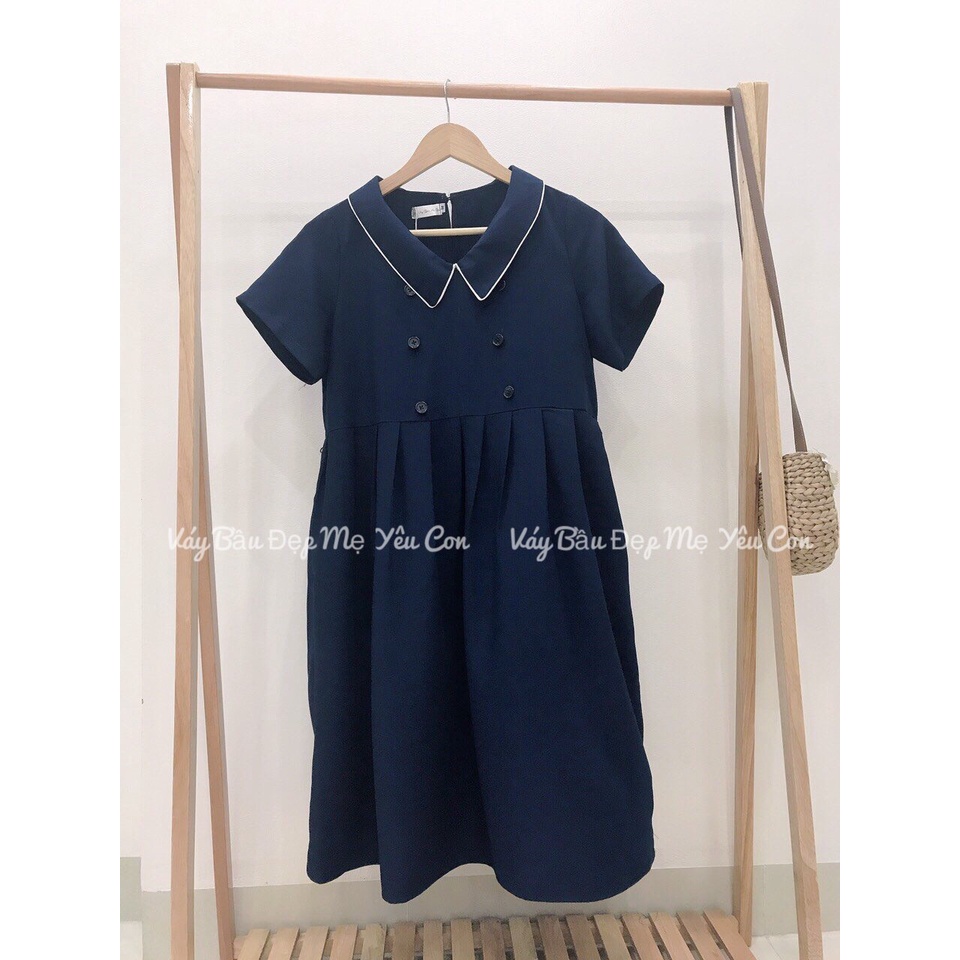 Váy bầu bigsize 40-100kg Đầm bầu công sở Váy bầu đẹp màu xanh dáng baby doll cúc ngực cổ sen nhọn MB236