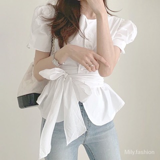 Áo Sơ Mi Trắng Cổ Tròn Tay Phồng Cột Dây Nhấn Eo Phong Cách Pháp Thời Trang Mùa Hè