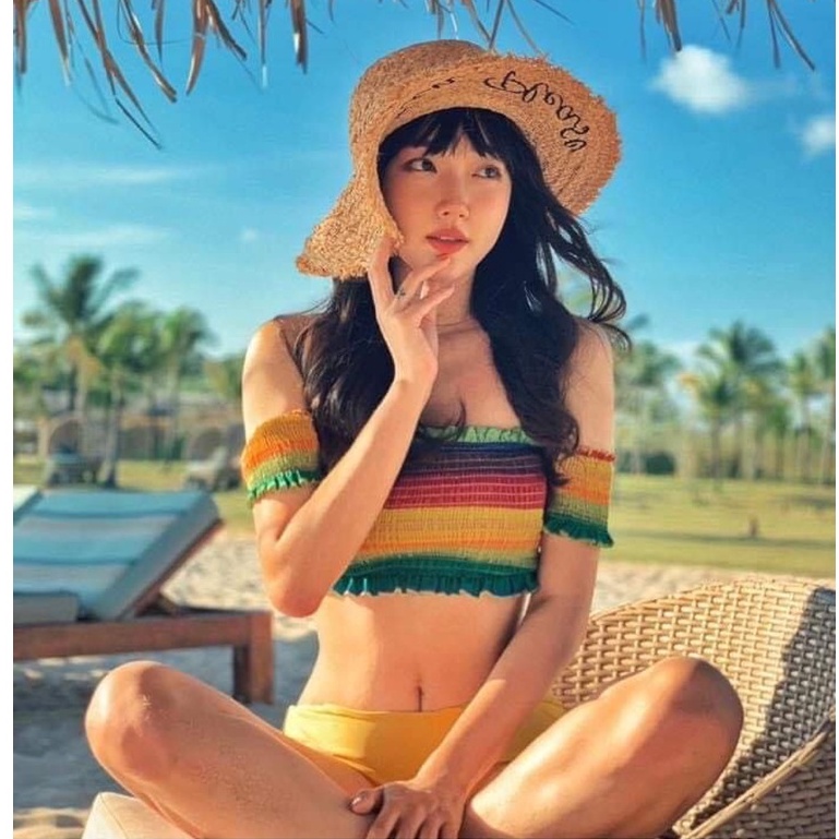 Mũ cói đi biển - Raffia vành rộng viền tua rua - thêu chữ SunPlease