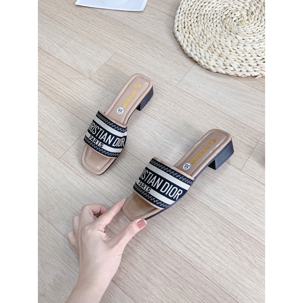 Dép lê nữ gót 3 phân lót bóng quai chữ thêu