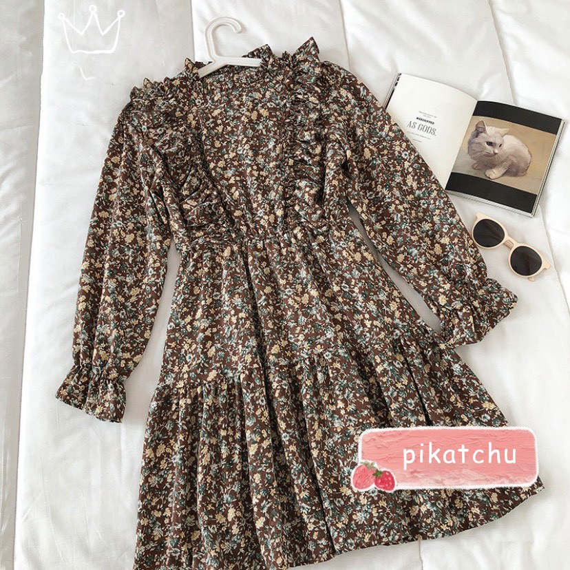 váy hoa nhí vintage, váy hoa nhí dáng xòe cánh tiên viền bèo pikatchu | BigBuy360 - bigbuy360.vn