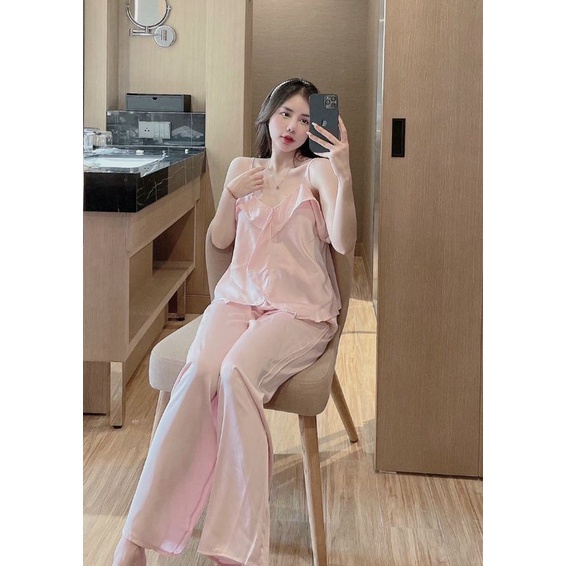Đồ Ngủ, Đồ Bộ, Pijama Nữ Áo 2 Dây Xẻ Tà Quần Dài Lụa Latin Mịn Mát Freesize