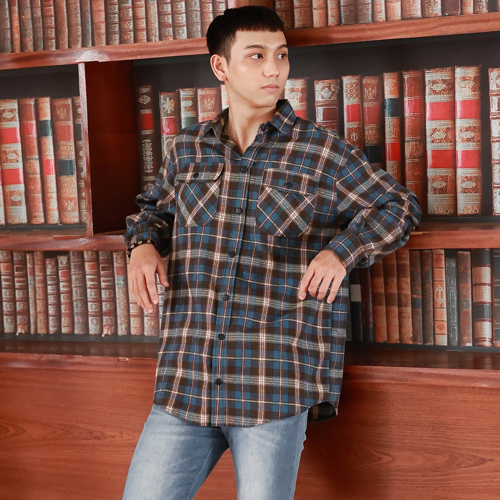 Áo Sơ Mi Flannel Sọc Xanh Nâu Chất Liệu Cotton Thoáng Mát