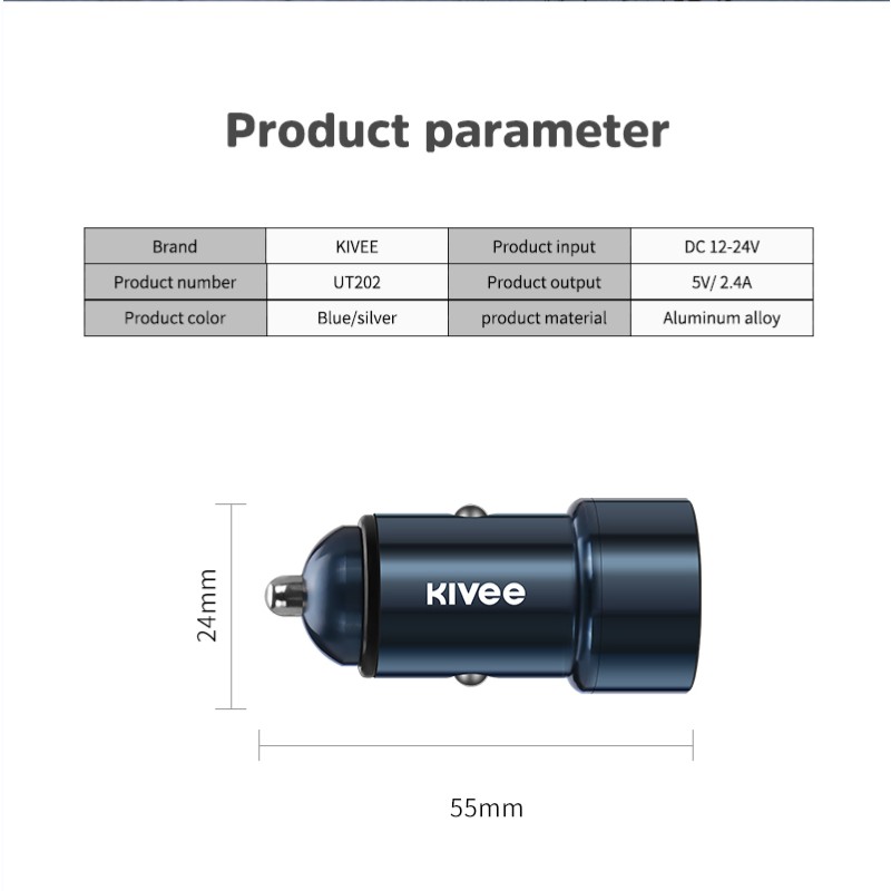 Tẩu sạc nhanh ô tô Kivee UT202 12W 2.4A 2 cổng USB dùng trong xe ô tô