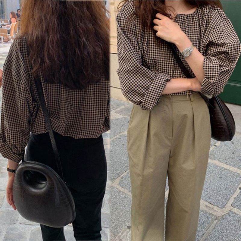 Áo Sơ Mi Nữ Tay Dài Cổ Tròn Họa Tiết Caro Phong Cách Retro